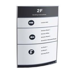 Custom-designed curved metal directional signs in various sizes for offices and buildings by Media Arabia